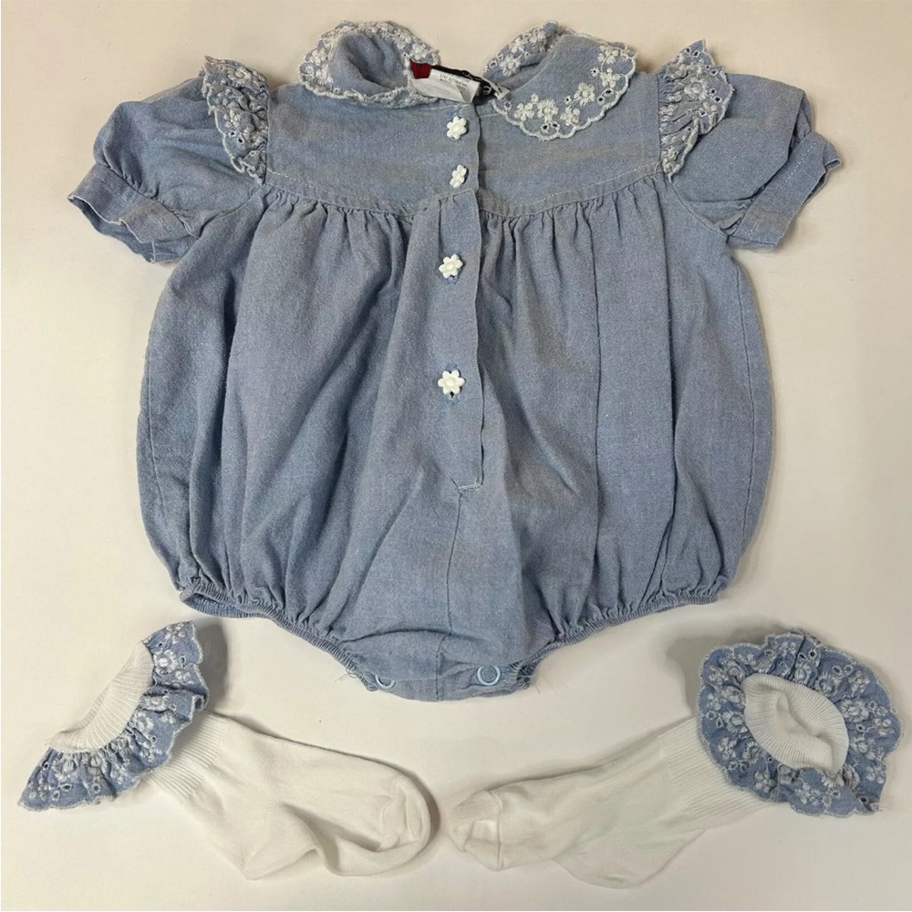 Vintage Sweetheart Rose Baby Girl Romper 6-9 Months Jean Ruffle Made USA #0814